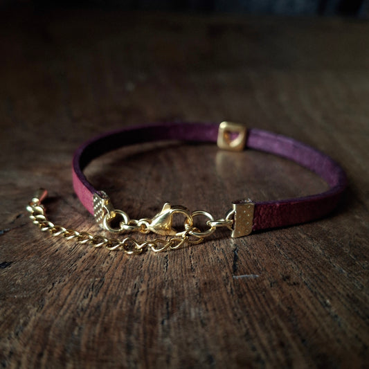 Plum Coloured Leather Bracelet with Gold Square Heart Charm