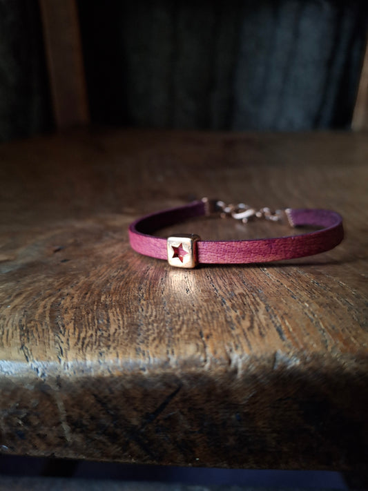 Plum Coloured Leather Bracelet with Red Gold Square Star Bead
