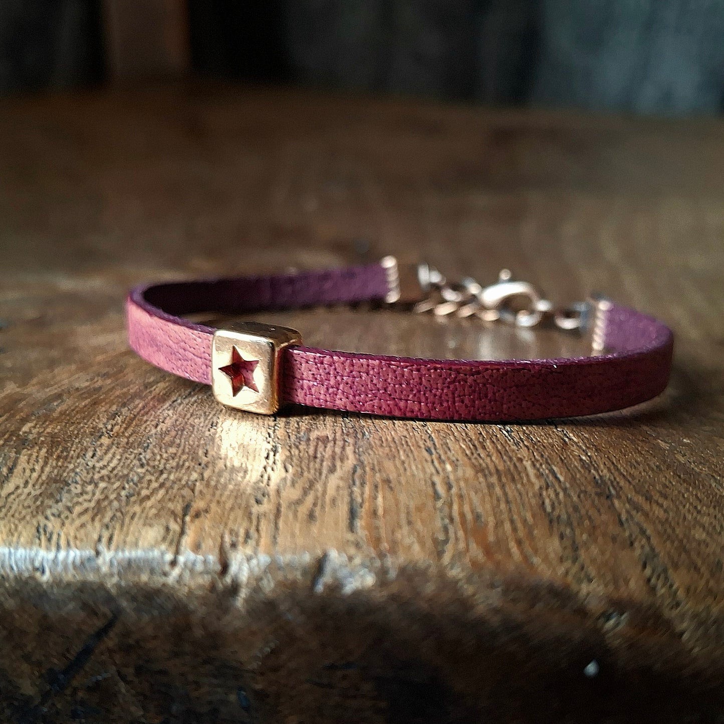 Plum Coloured Leather Bracelet with Red Gold Square Star Bead