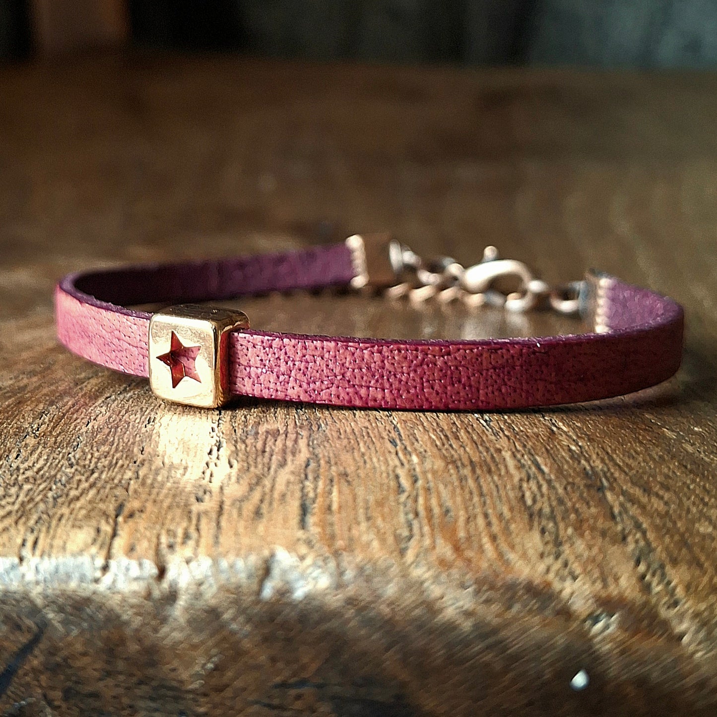 Plum Coloured Leather Bracelet with Red Gold Square Star Bead