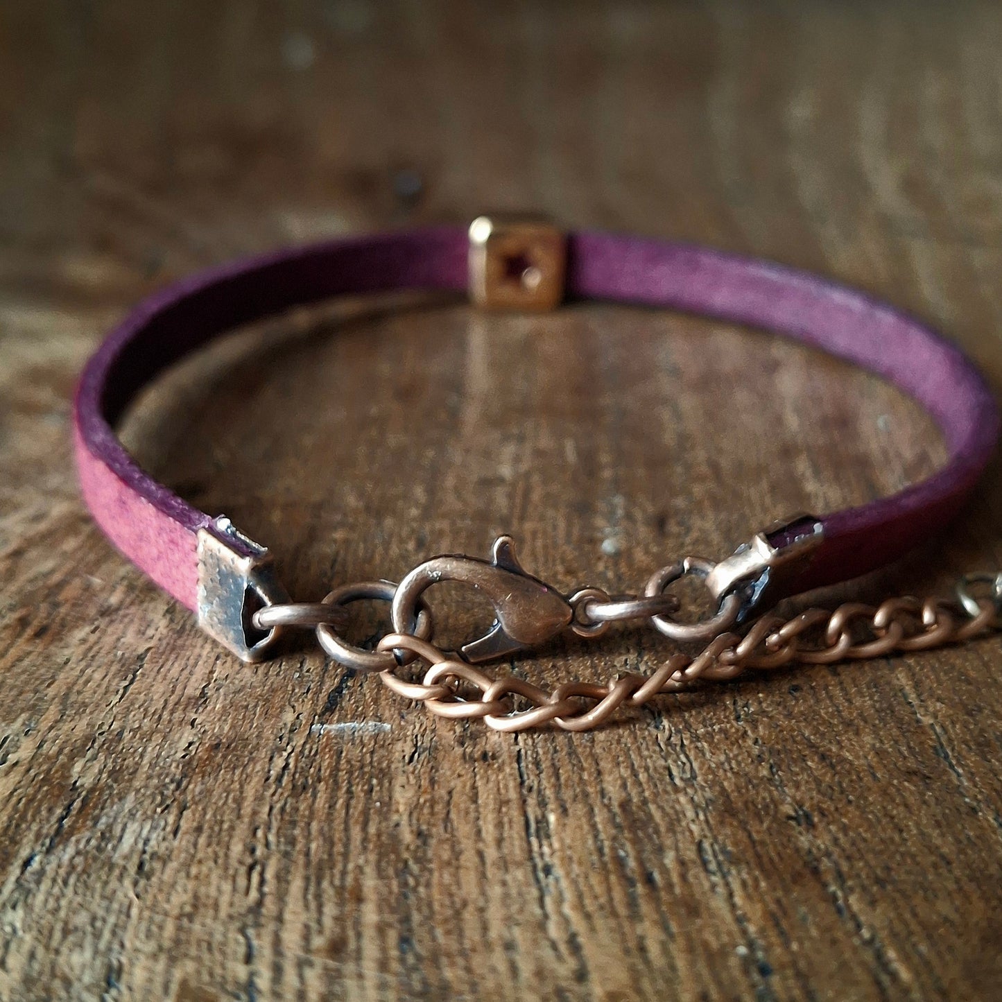 Plum Coloured Leather Bracelet with Red Gold Square Star Bead
