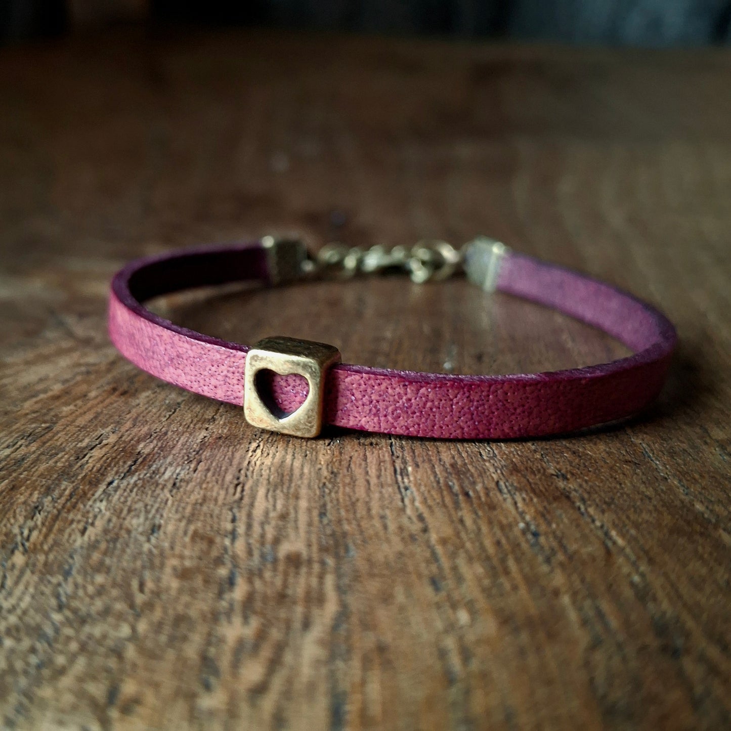 Plum Coloured Leather Bracelet with Antique Gold Square Heart Charm