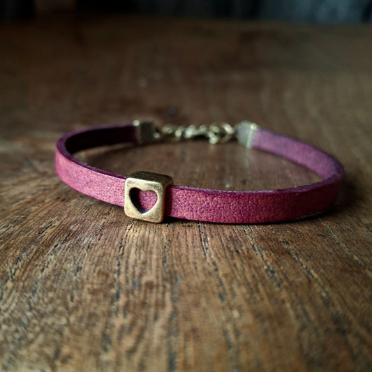 Plum Coloured Leather Bracelet with Antique Gold Square Heart Charm