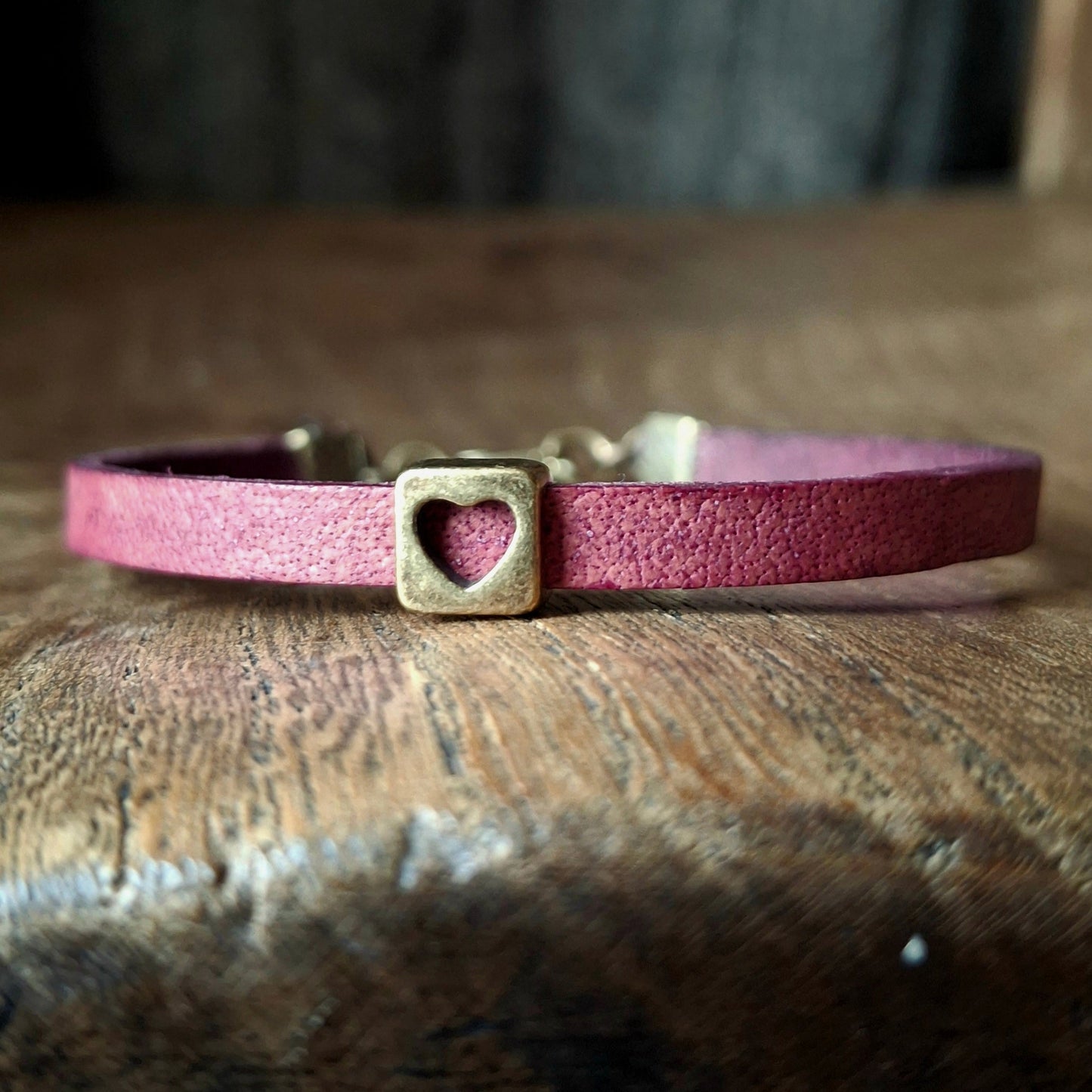 Plum Coloured Leather Bracelet with Antique Gold Square Heart Charm