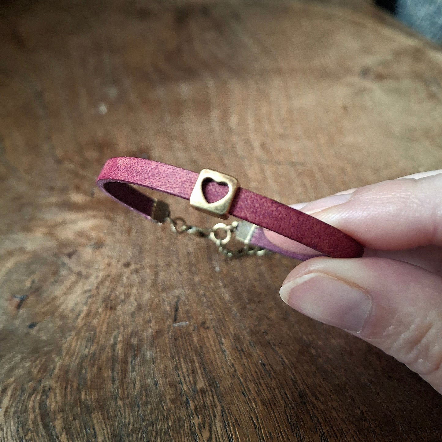Plum Coloured Leather Bracelet with Antique Gold Square Heart Charm