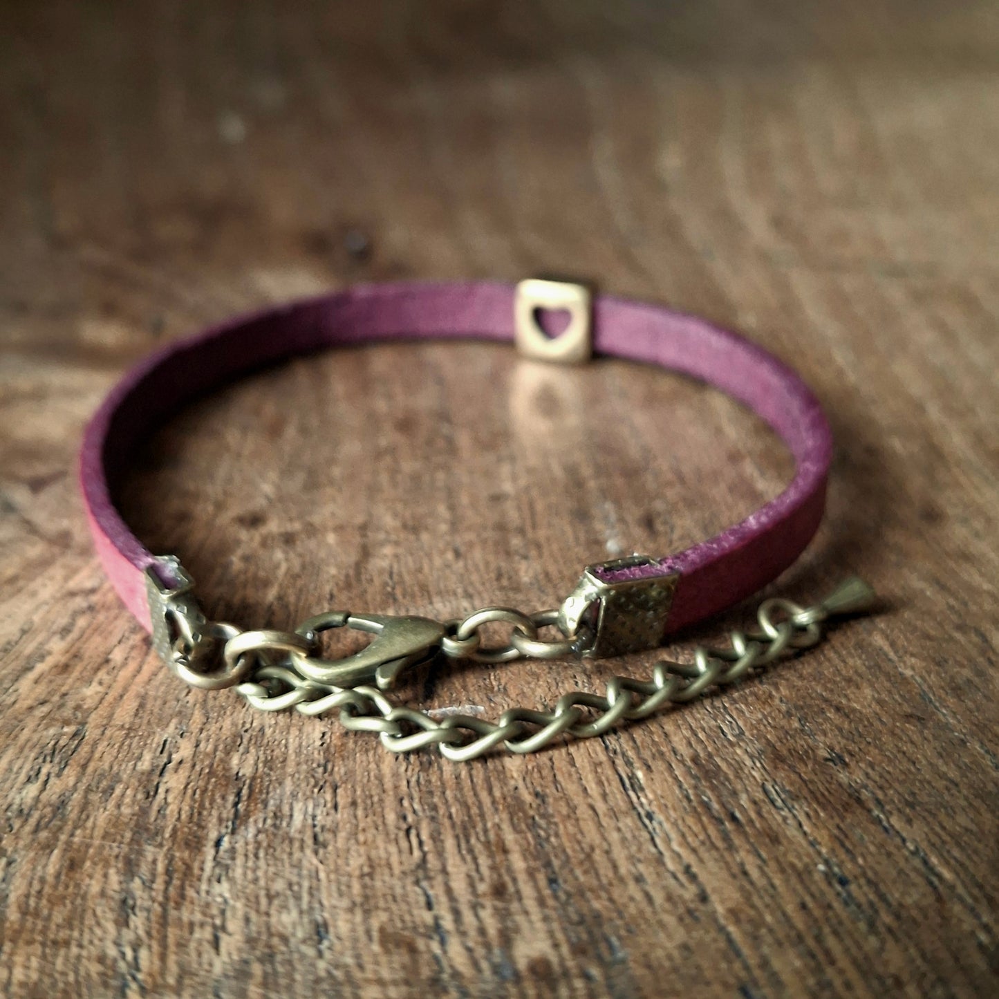 Plum Coloured Leather Bracelet with Antique Gold Square Heart Charm