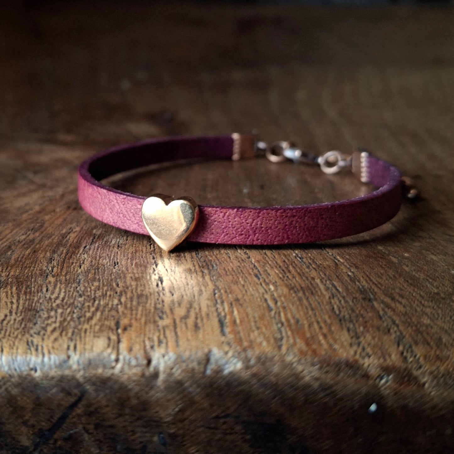 Plum Coloured Leather Bracelet with Red Gold Heart Bead
