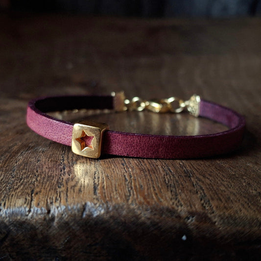 Plum Coloured Leather Bracelet with Gold Square Star Bead