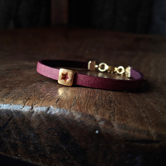Plum Coloured Leather Bracelet with Gold Square Star Bead