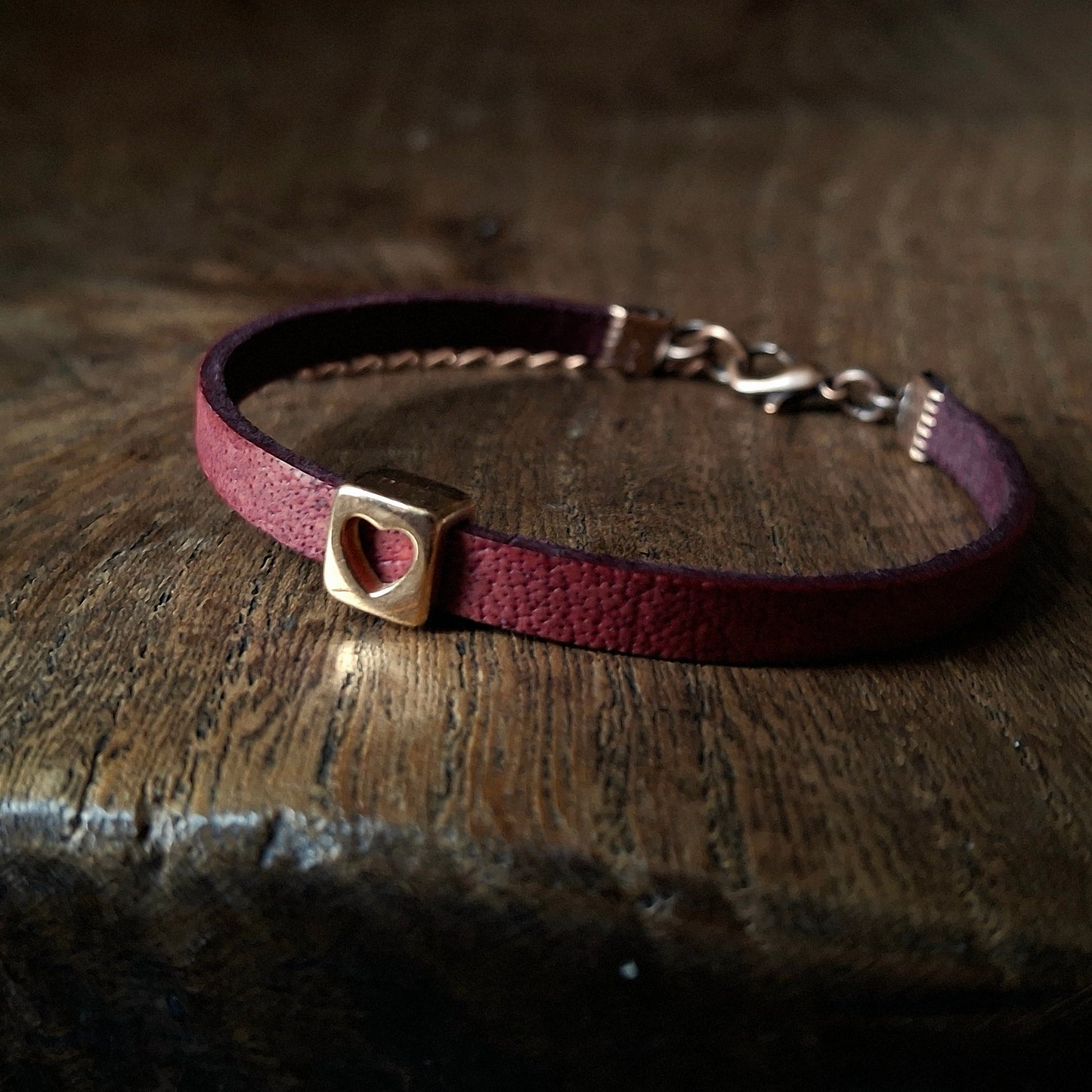 Plum Coloured Leather Bracelet with Red Gold Square Heart Bead