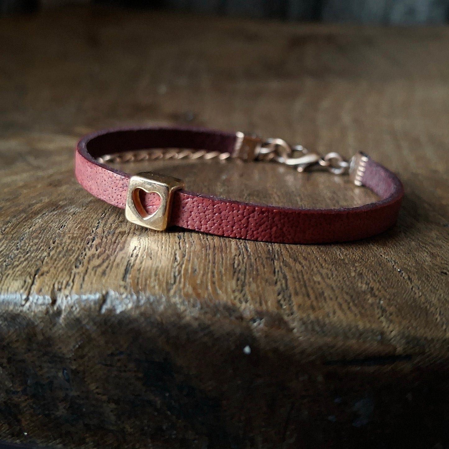 Plum Coloured Leather Bracelet with Red Gold Square Heart Bead
