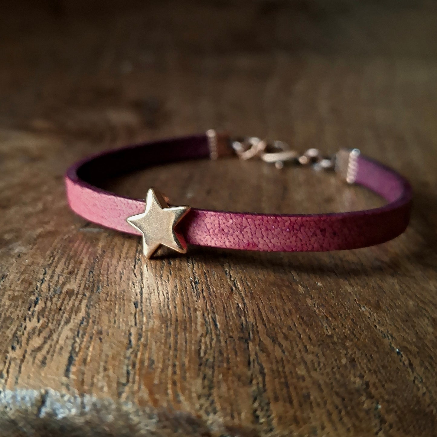 Plum Coloured Leather Bracelet with Red Gold Star Bead