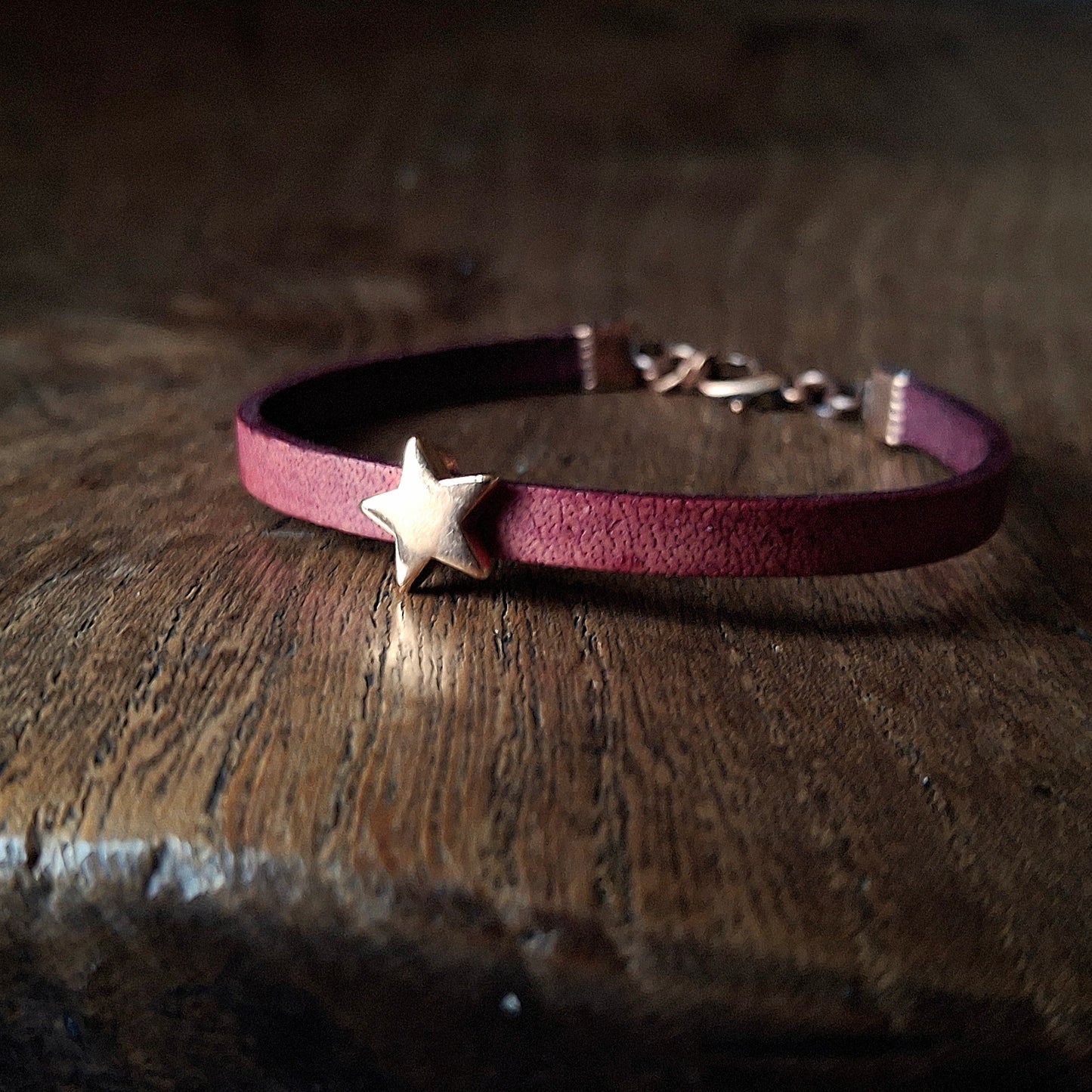 Plum Coloured Leather Bracelet with Red Gold Star Bead
