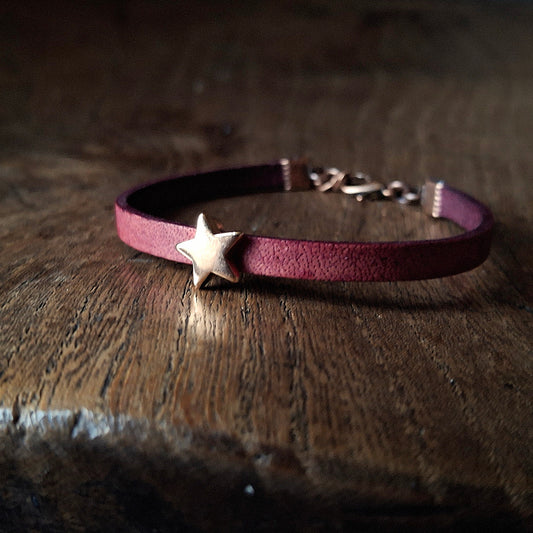 Plum Coloured Leather Bracelet with Red Gold Star Bead