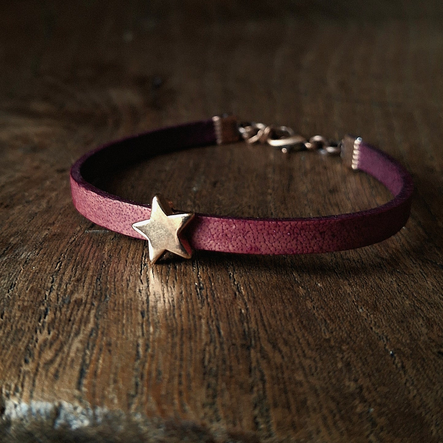 Plum Coloured Leather Bracelet with Red Gold Star Bead
