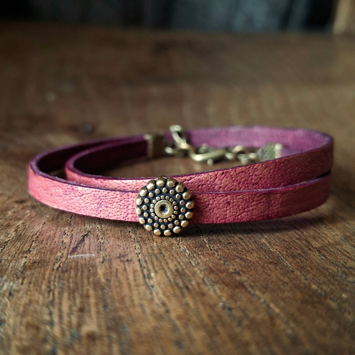Plum Coloured Leather Wrap Bracelet with Antique Gold Mandala Charm