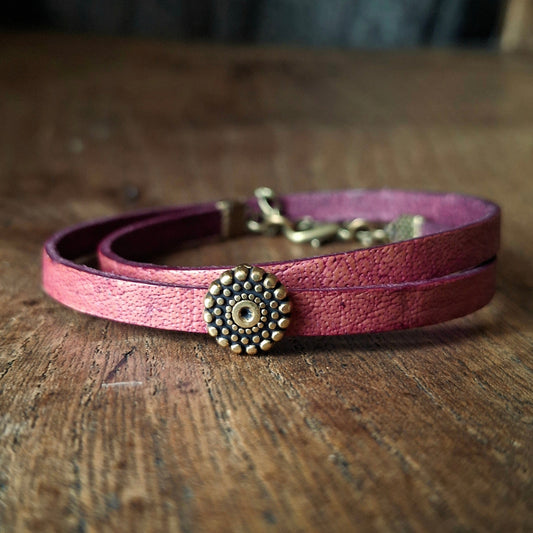 Plum Coloured Leather Wrap Bracelet with Antique Gold Mandala Charm