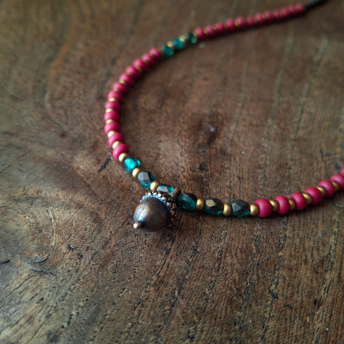 Autumnal Acorn Necklace with Vibrant Coloured Seed Beads