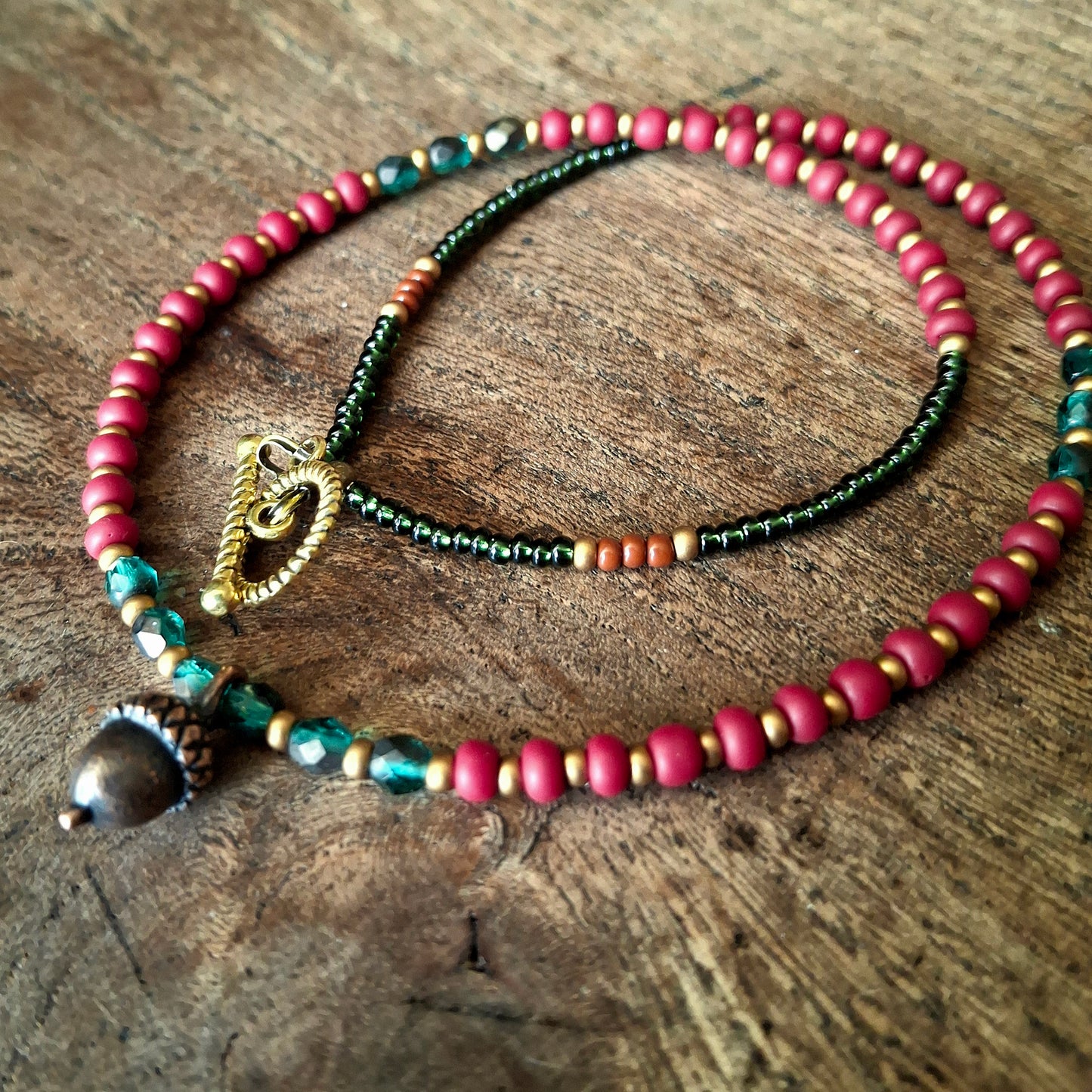 Autumnal Acorn Necklace with Vibrant Coloured Seed Beads