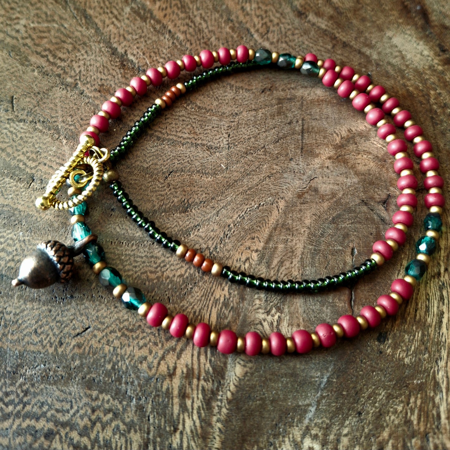 Autumnal Acorn Necklace with Vibrant Coloured Seed Beads
