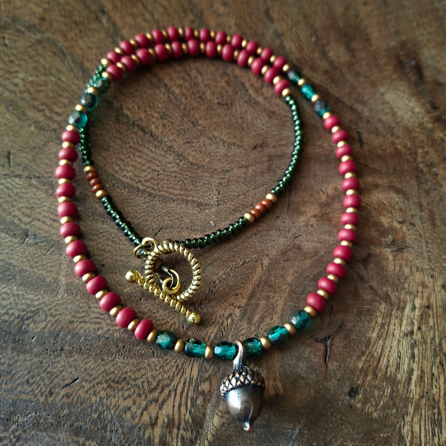 Autumnal Acorn Necklace with Vibrant Coloured Seed Beads