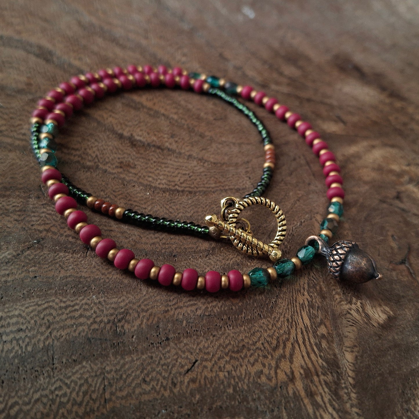 Autumnal Acorn Necklace with Vibrant Coloured Seed Beads
