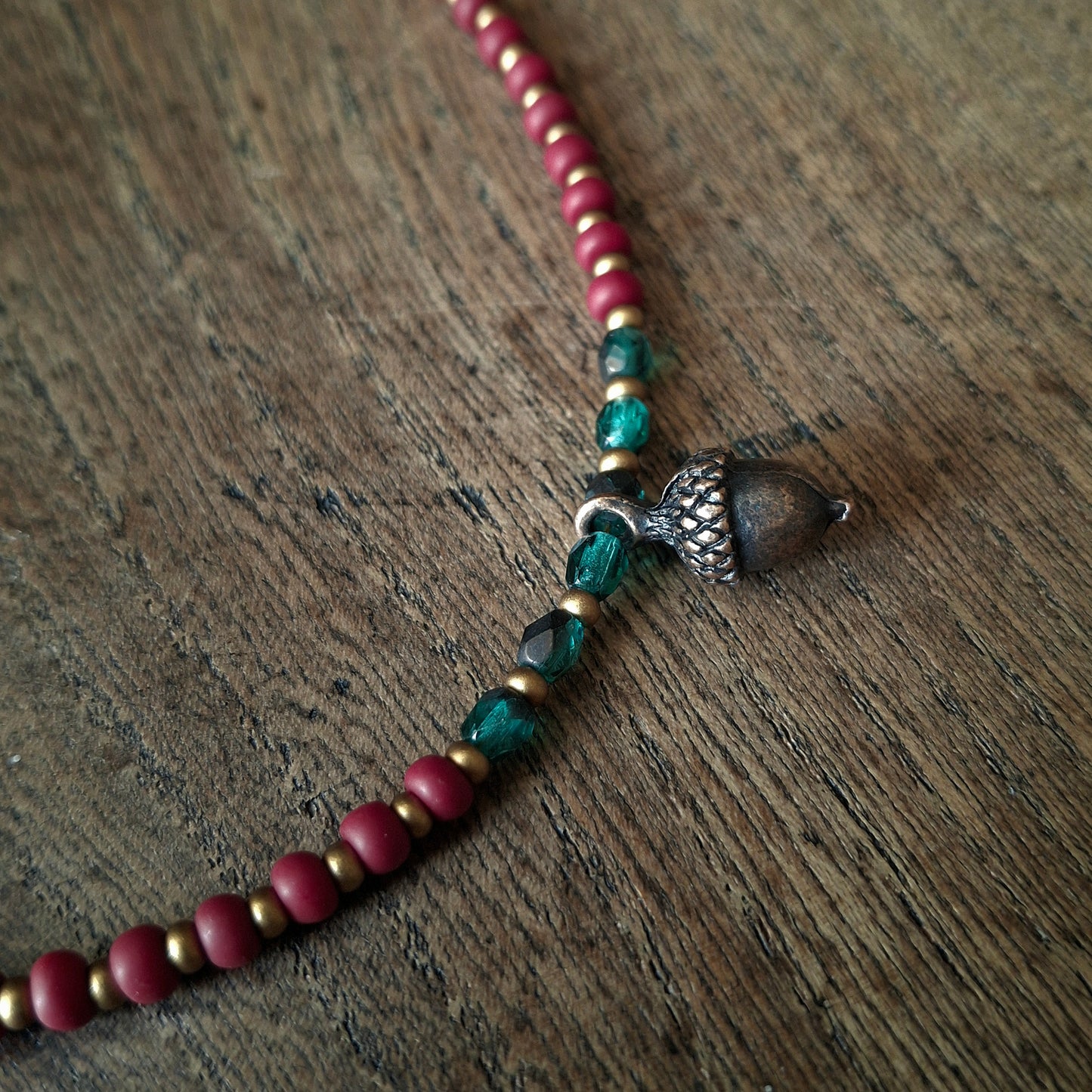 Autumnal Acorn Necklace with Vibrant Coloured Seed Beads