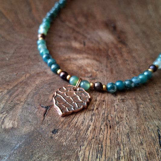 Autumnal Pinecone Necklace with Moss Agate and Seed Beads