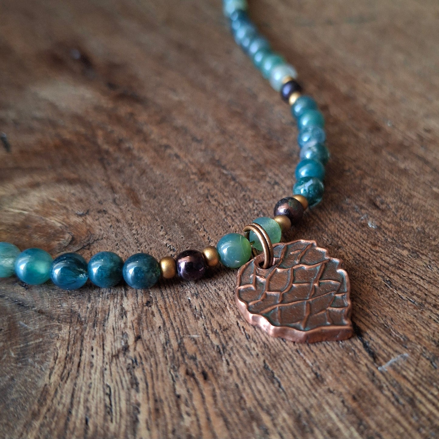 Autumnal Pinecone Necklace with Moss Agate and Seed Beads