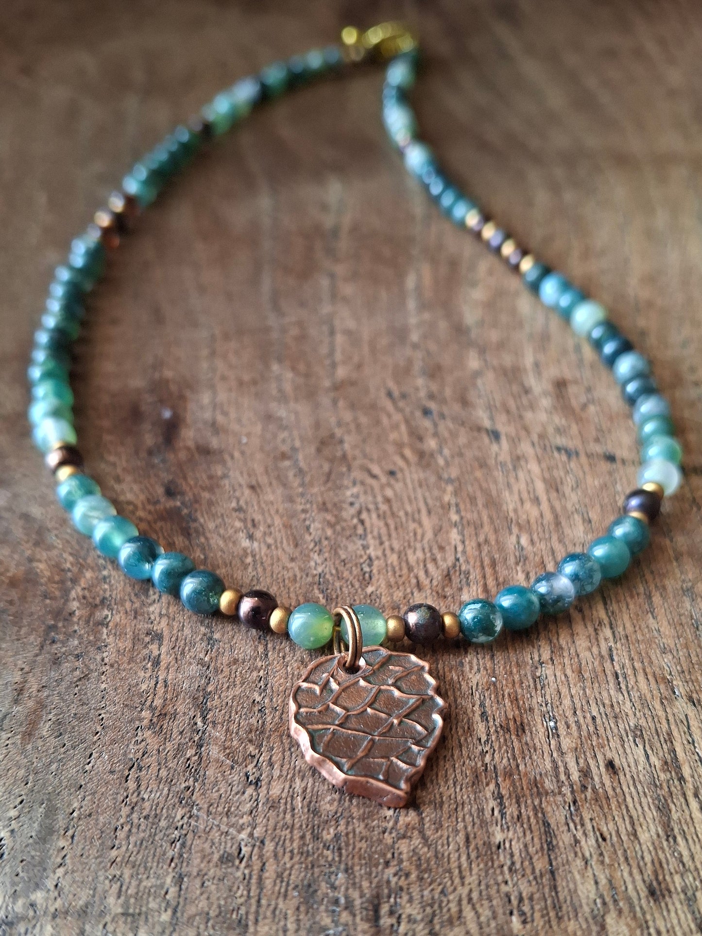 Autumnal Pinecone Necklace with Moss Agate and Seed Beads