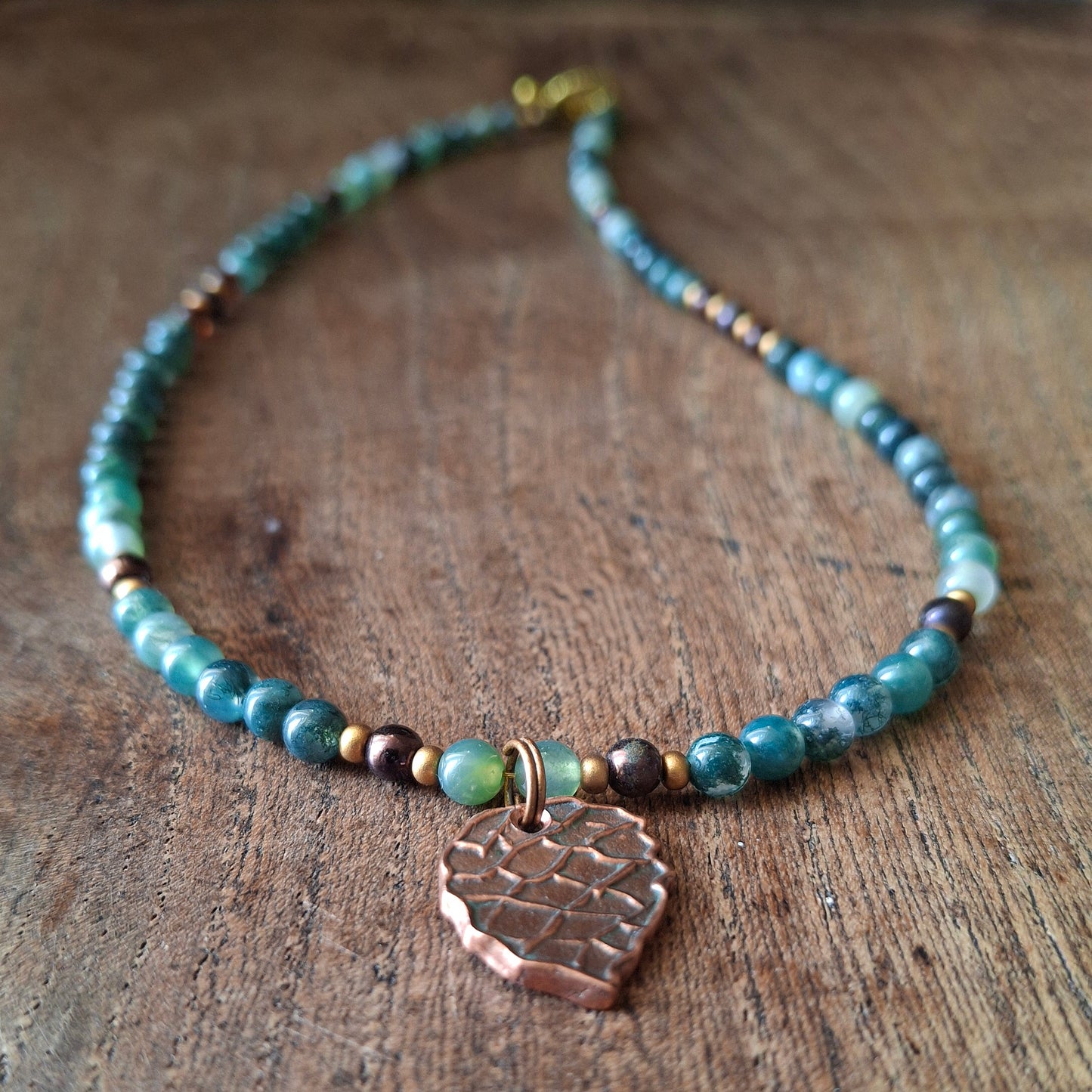 Autumnal Pinecone Necklace with Moss Agate and Seed Beads