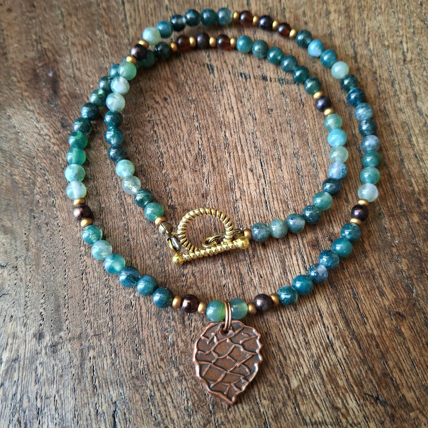 Autumnal Pinecone Necklace with Moss Agate and Seed Beads