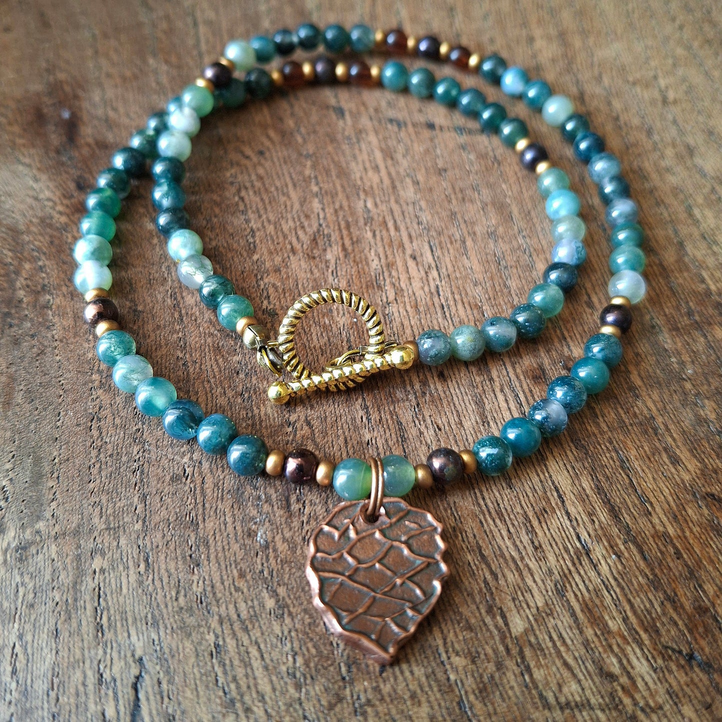 Autumnal Pinecone Necklace with Moss Agate and Seed Beads