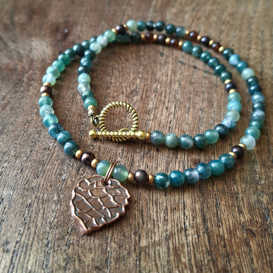 Autumnal Pinecone Necklace with Moss Agate and Seed Beads