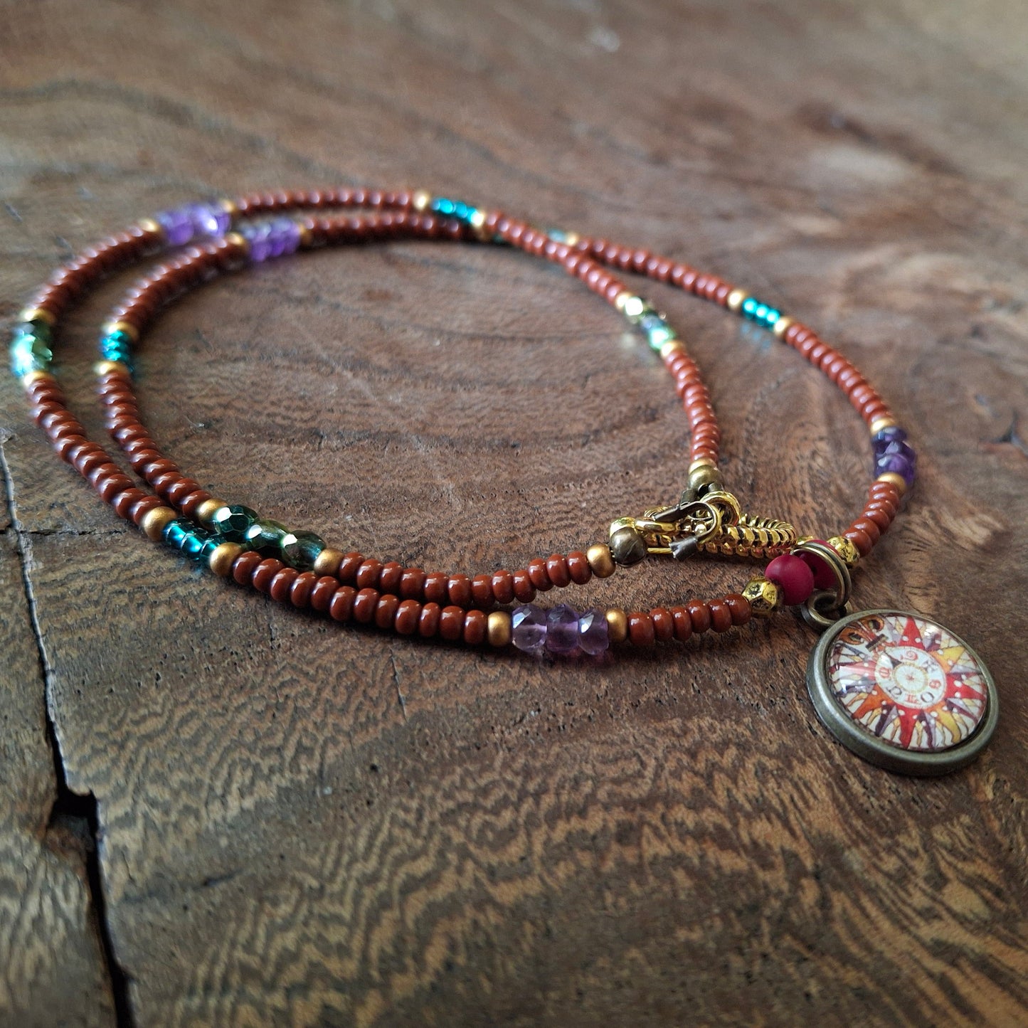 Harlequin Compass Charm Necklace with Vibrant Coloured Seed Beads