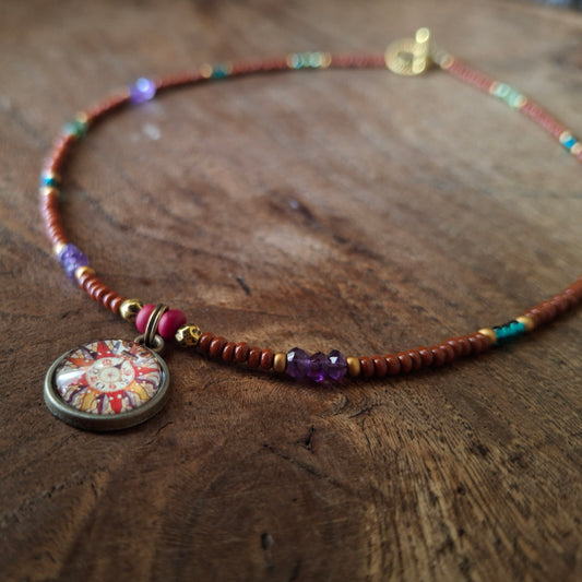 Harlequin Compass Charm Necklace with Vibrant Coloured Seed Beads