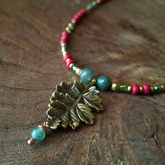 Autumnal Leaf Necklace with Vibrant Coloured Seed Beads