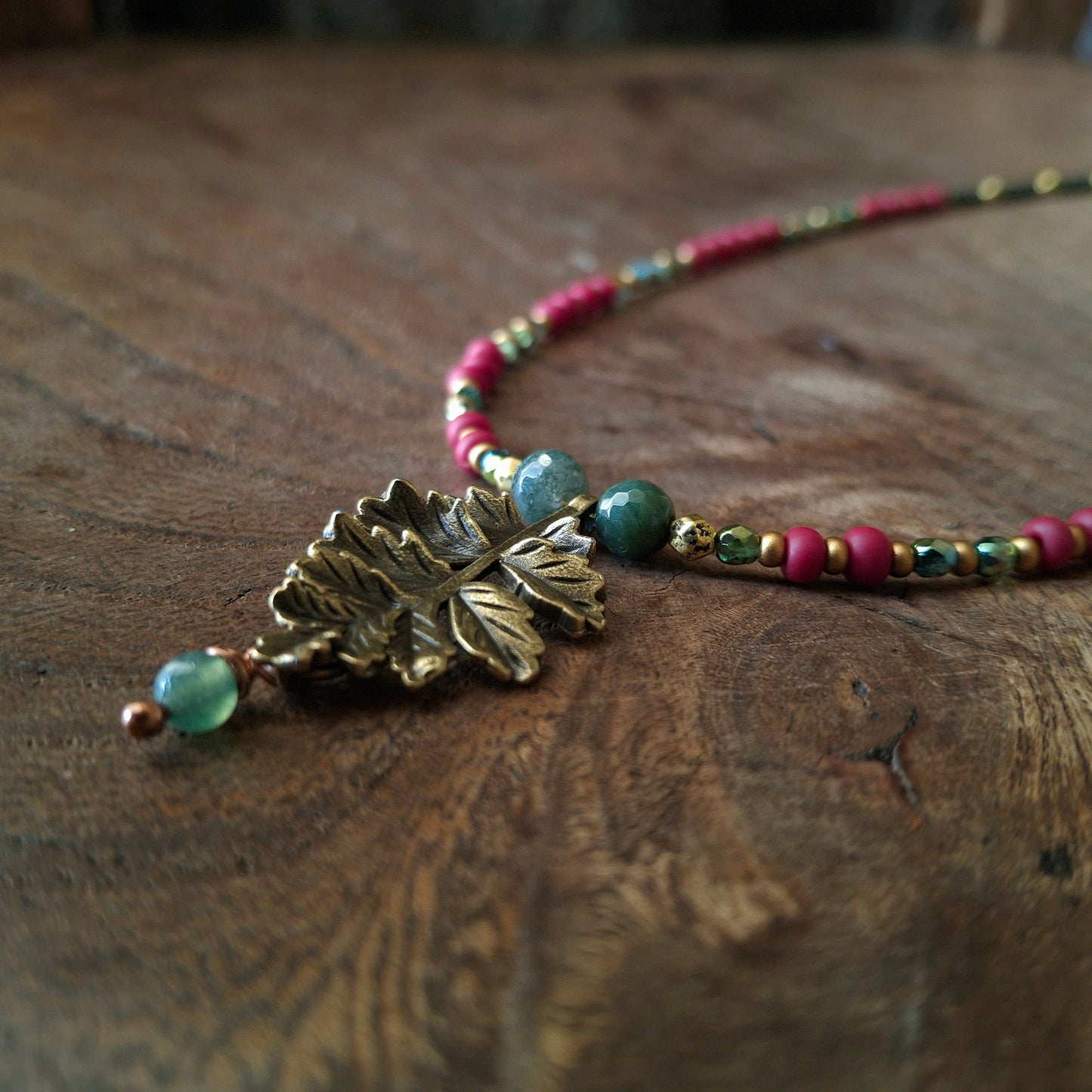 Autumnal Leaf Necklace with Vibrant Coloured Seed Beads