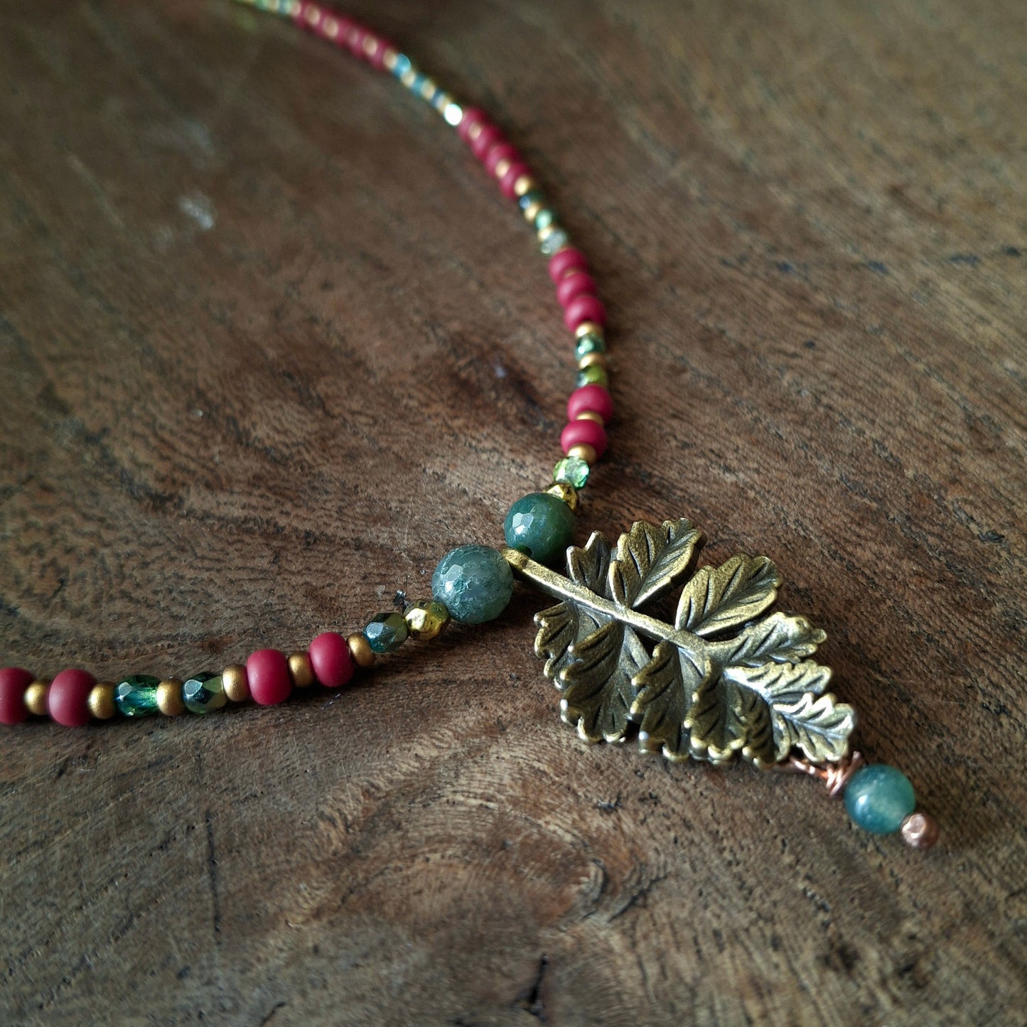 Autumnal Leaf Necklace with Vibrant Coloured Seed Beads