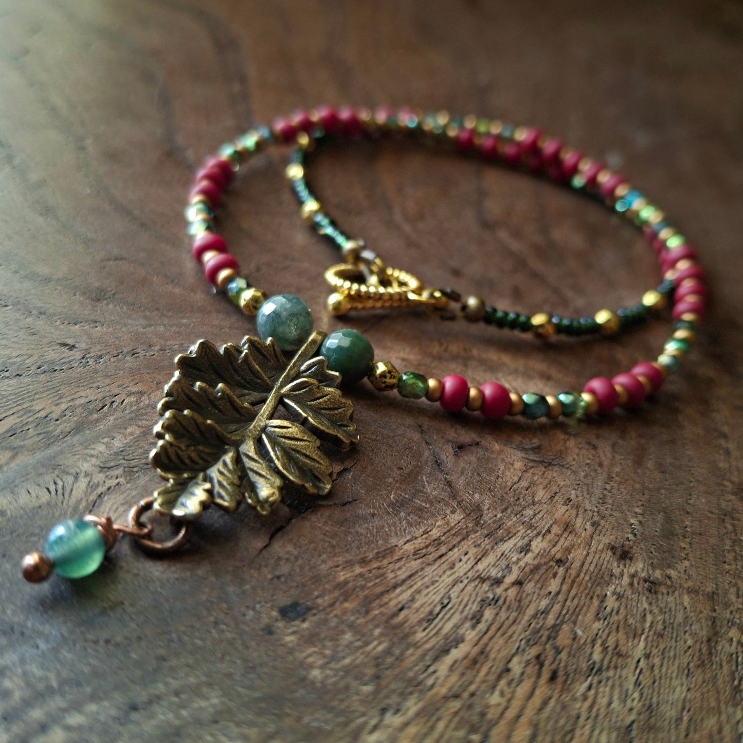 Autumnal Leaf Necklace with Vibrant Coloured Seed Beads