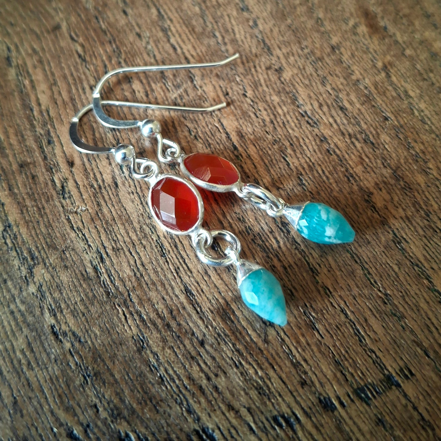 Autumn Glow Gemstone Silver Earrings with Carnelian and Amazonite