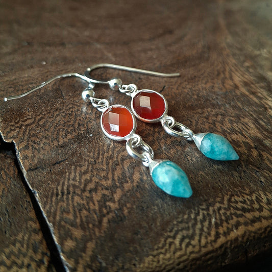Autumn Glow Gemstone Silver Earrings with Carnelian and Amazonite
