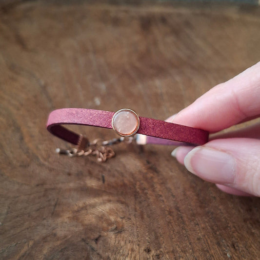 Plum Coloured Leather Bracelet with Dusky Pink Stone and Copper Clasp