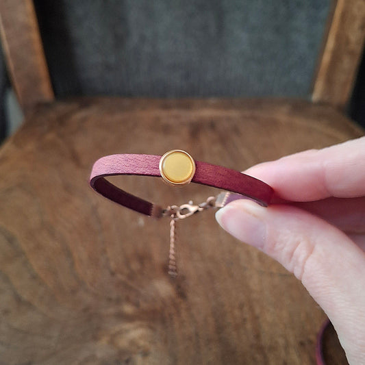 Plum Coloured Leather Bracelet with Mustard Yellow Stone and Copper Clasp