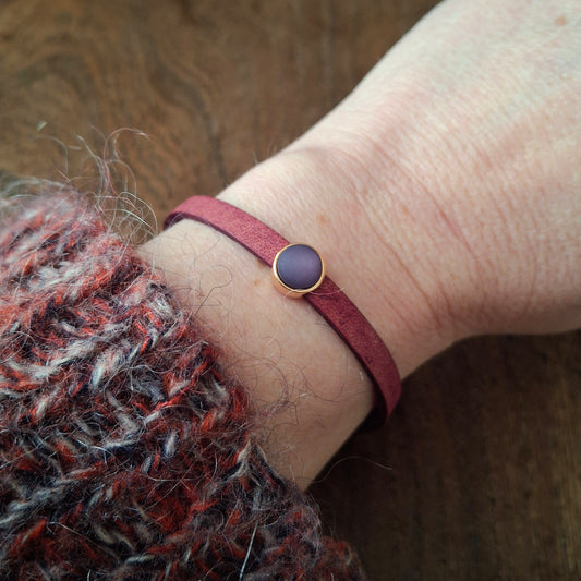 Plum Coloured Leather Bracelet with Navy Blue Stone and Copper Clasp