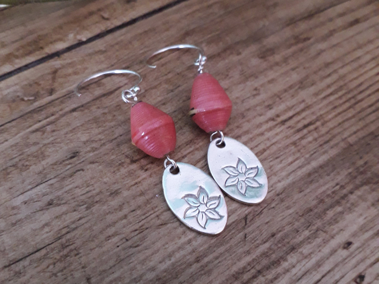 Recycled Paper Beads and Flower Charm Earrings - Irmy Creations