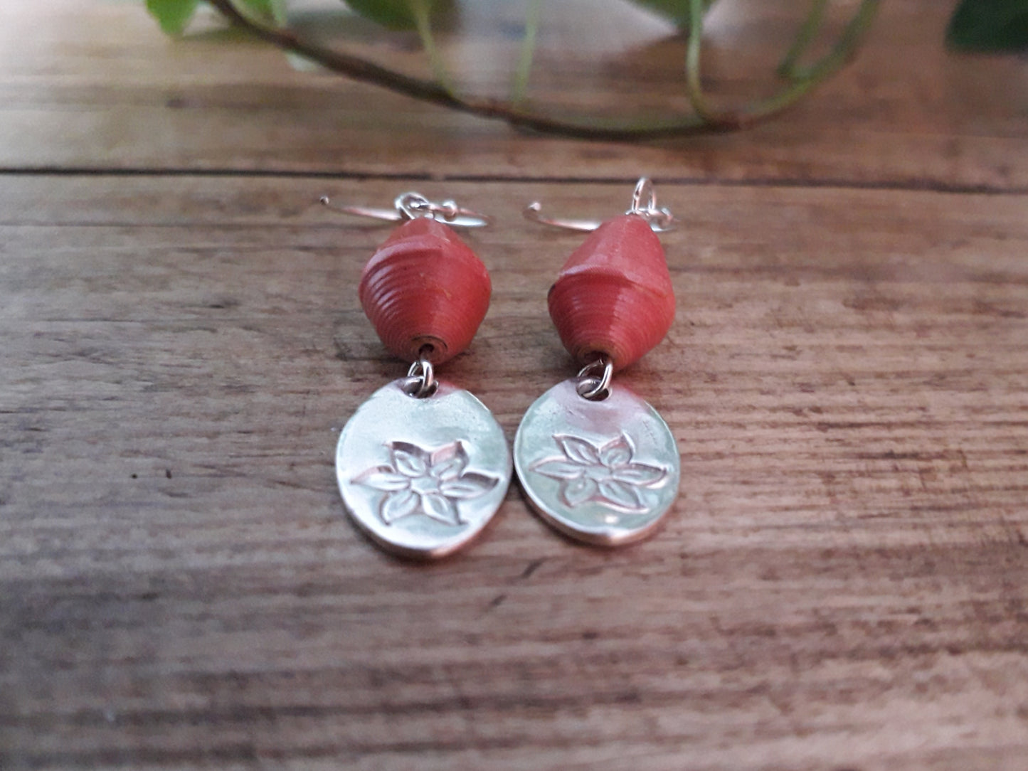 Recycled Paper Beads and Flower Charm Earrings - Irmy Creations