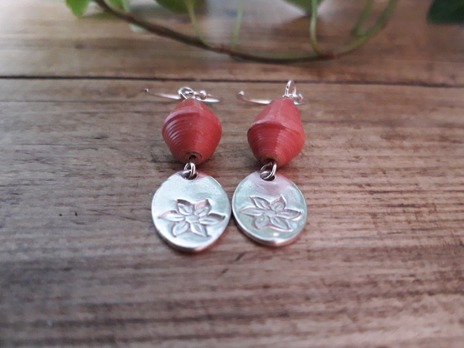 Recycled Paper Beads and Flower Charm Earrings - Irmy Creations