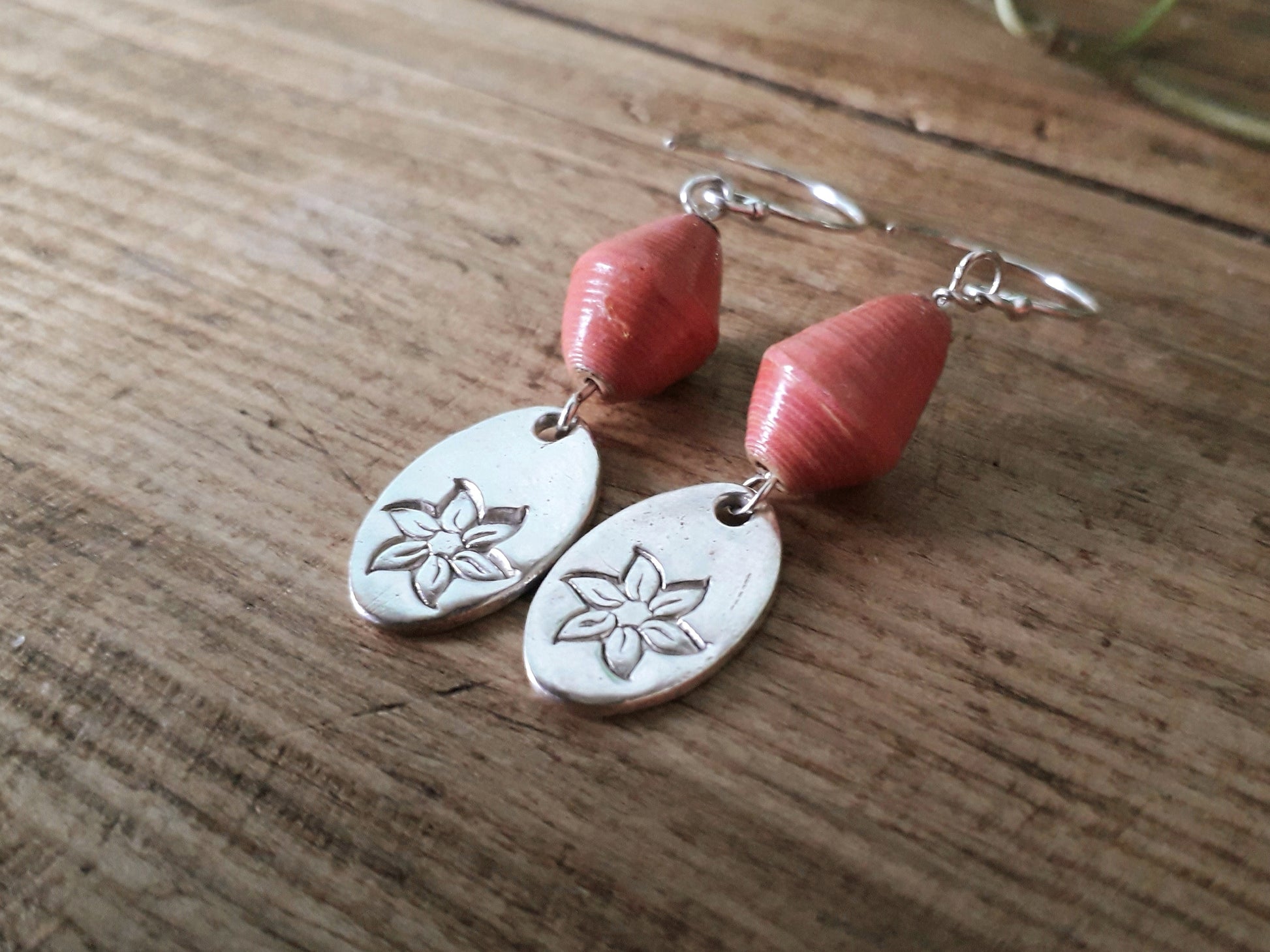 Recycled Paper Beads and Flower Charm Earrings - Irmy Creations