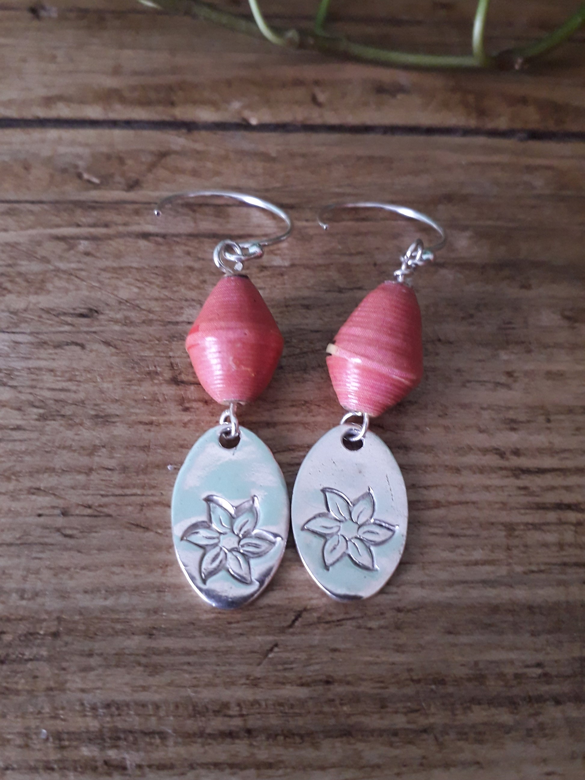 Recycled Paper Beads and Flower Charm Earrings - Irmy Creations